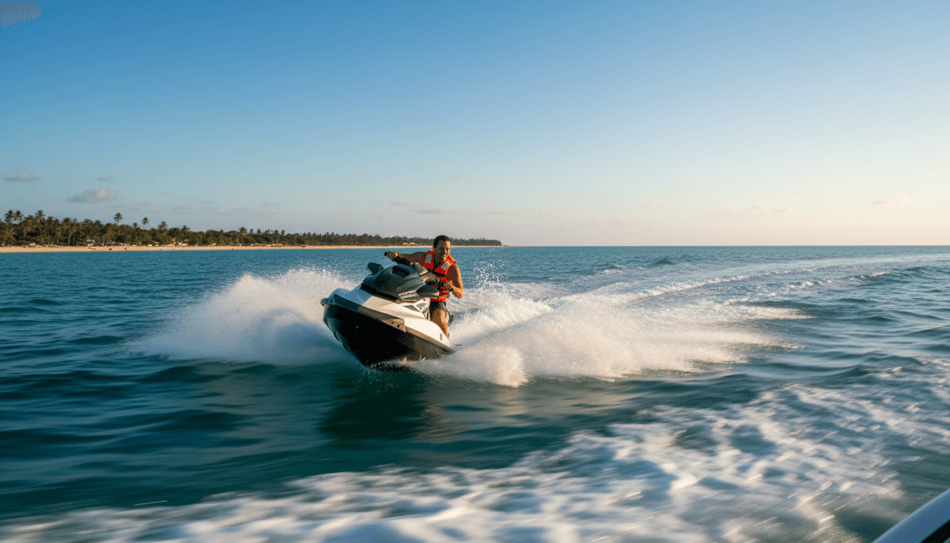 Jet ski rider in orange life vest speeding across turquoise ocean water during golden hour with coastal beach visible